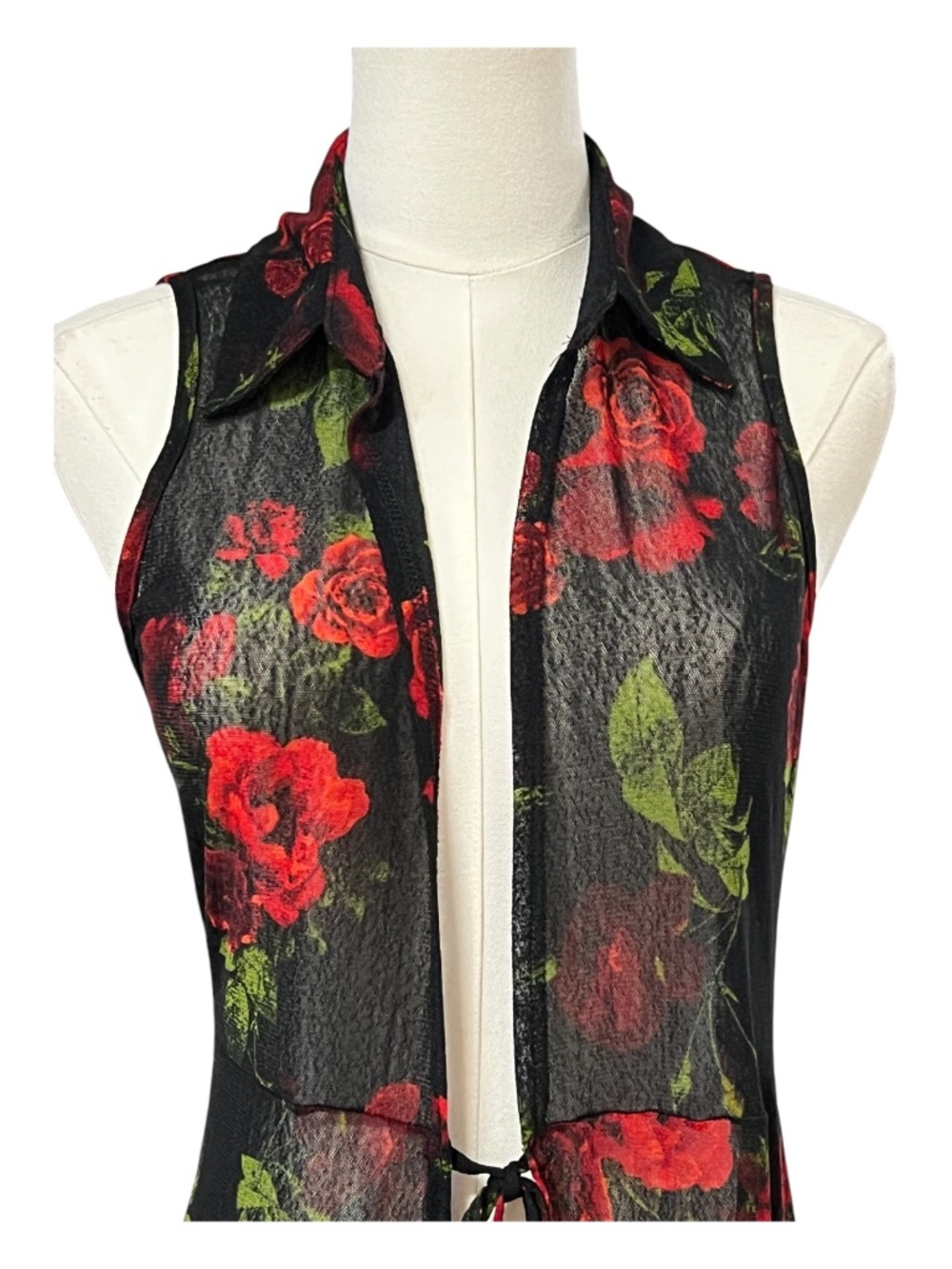 EUC Ember Black Red Rose Sheer Mesh Maxi Duster Open Front | Size M - Picture 2 of 9